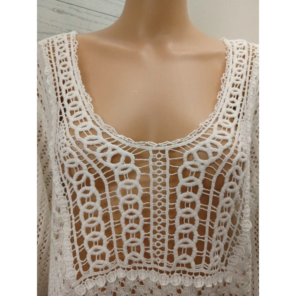 CJ Banks Sweater Pullover Tunic Top Crochet White Pullover Sz 2X
